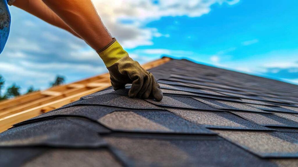 A person with binoculars inspecting a residential roof from the ground on a sunny day.