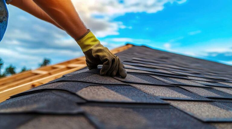 A person with binoculars inspecting a residential roof from the ground on a sunny day.